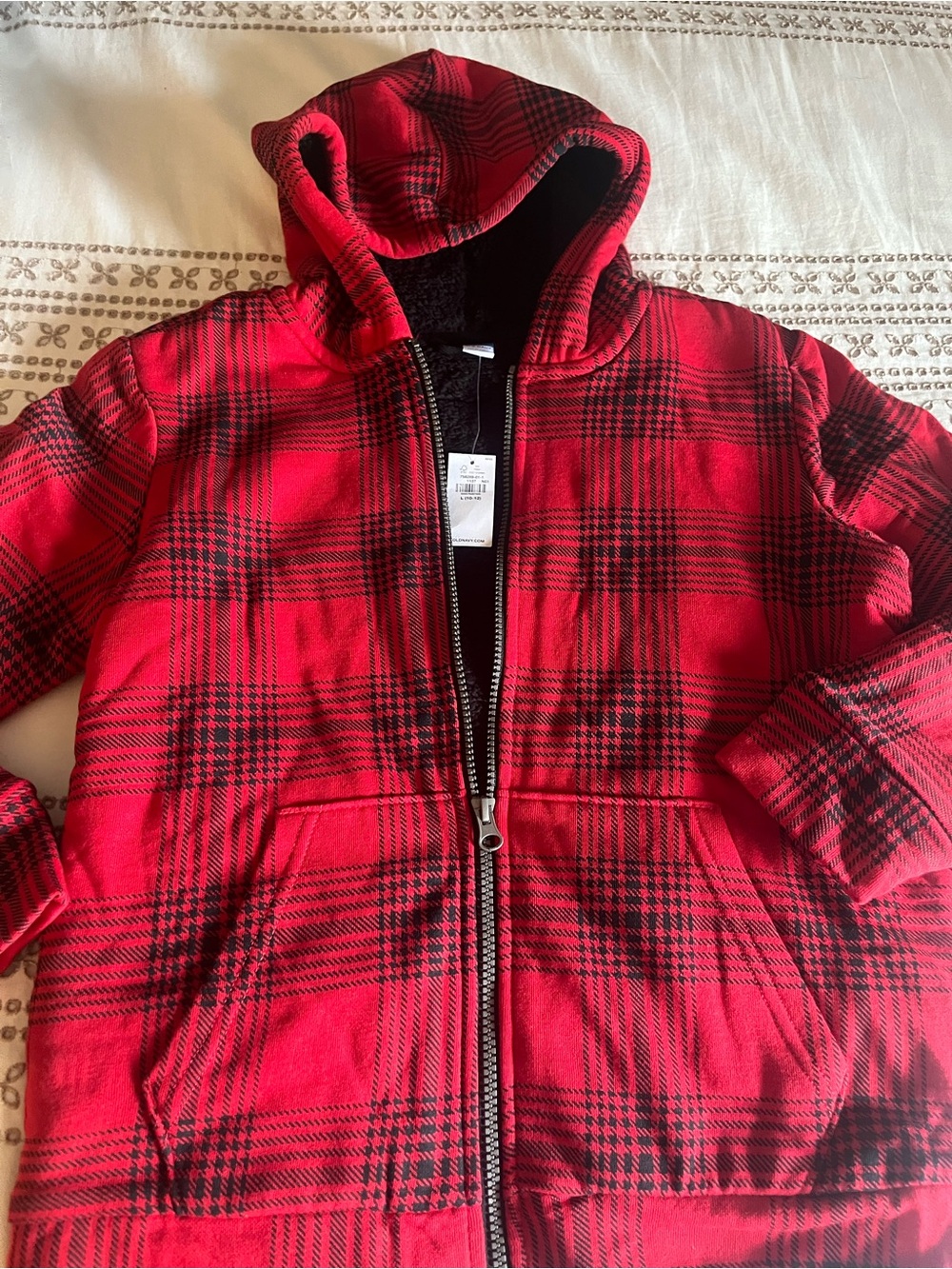 Boys Old Navy Red and Black Plaid Hooded Zip Sweatshirt Size Large